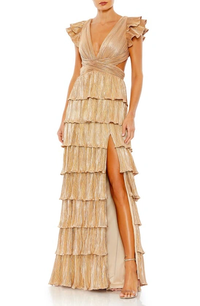 Ieena For Mac Duggal Ruffle Tiered Criss Cross Lace Up Gown In Gold
