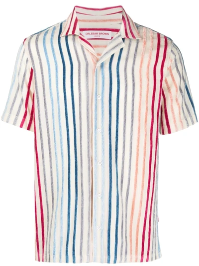 Orlebar Brown Hibbert Chenille Stripe Tailored Fit Button Down Short Sleeve Shirt In Neutrals