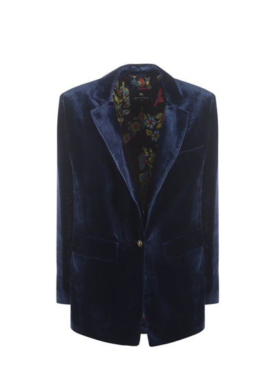 Etro Single-breasted Tailored Velvet Jacket In Blue