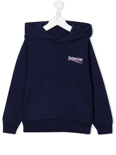 Balenciaga Kids' Embroidered-logo Hoodie In Blue