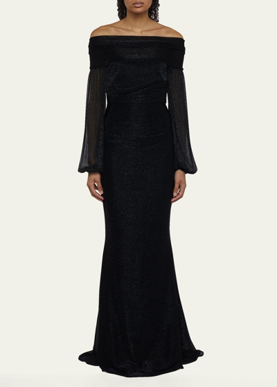 Talbot Runhof Off-the-shoulder Draped Metallic Voile Gown In Black