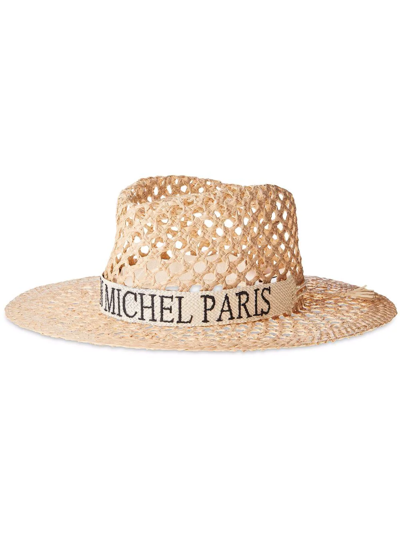 Maison Michel Charles Logo Cutout Raffia Fedora Hat In Neutrals