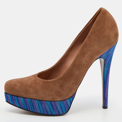 Pre-owned Missoni Brown/blue Suede And Knit Fabric Platform Pumps Size 38