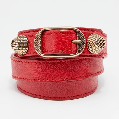Pre-owned Balenciaga Red Leather Studded Arena Tripe Tour Bracelet S