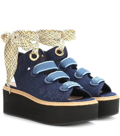 Fendi Denim Lace-up Platform Sandal, Dark Blue, Dark Blue