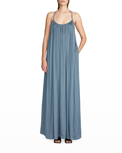 Halston Elaina Strappy Pleated Dress In Carbon Blue