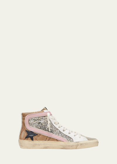 Golden Goose Slide Mid-top Snake Glitter Sneakers In Platinum/beige/ta