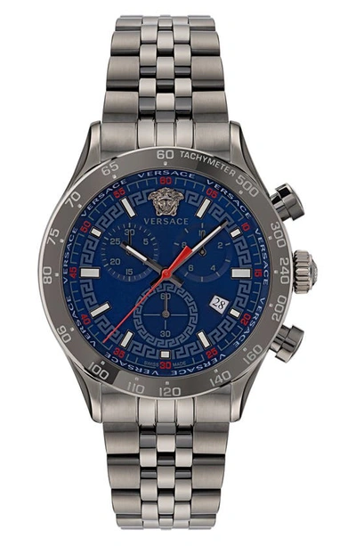 Versace Men's Hellenyium Chrono Ip Gunmetal Bracelet Watch, 44mm In Gray+blue