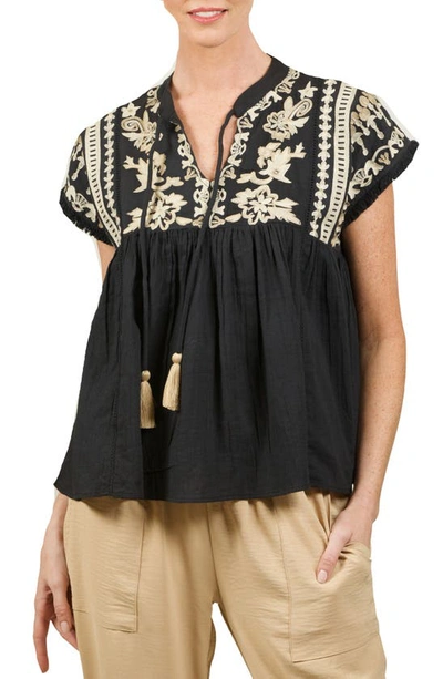 Nikki Lund Embroidered Short Sleeve Top In Black