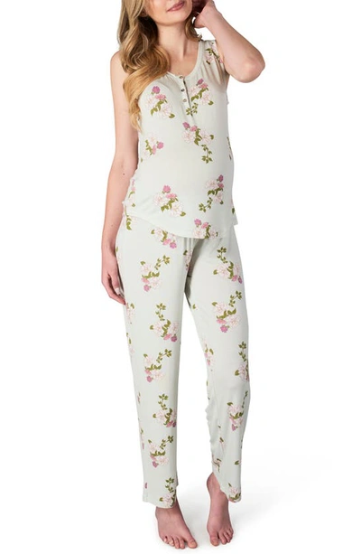 Everly Grey Maternity Joy Tank & Pants /nursing Pajama Set In Peony