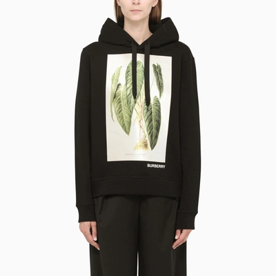 Burberry Black Hoodie With Botanical Print In New