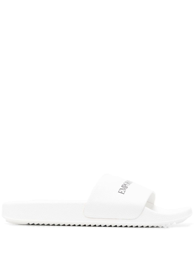 Emporio Armani Hammered Leather Sliders With Logo In White