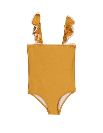 Zimmermann Kids' Pattie Ruffle Strap One-piece Swimsuit In Mostarda