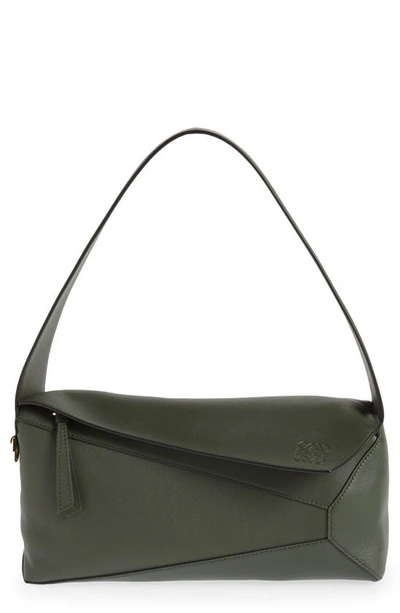 Loewe Puzzle Dark Green Leather Hobo Bag In Olive