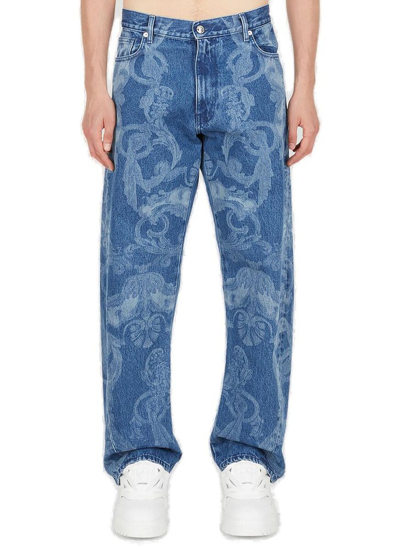 Versace Baroque Print Leather Straight-leg Trousers In Blue