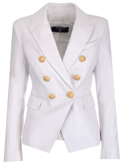 Balmain Logo Button Leather Blazer Jacket In White
