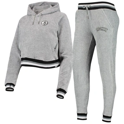Lusso Grey Brooklyn Nets Maisie-maggie Velour Raglan Pullover Hoodie & Jogger Trousers Set