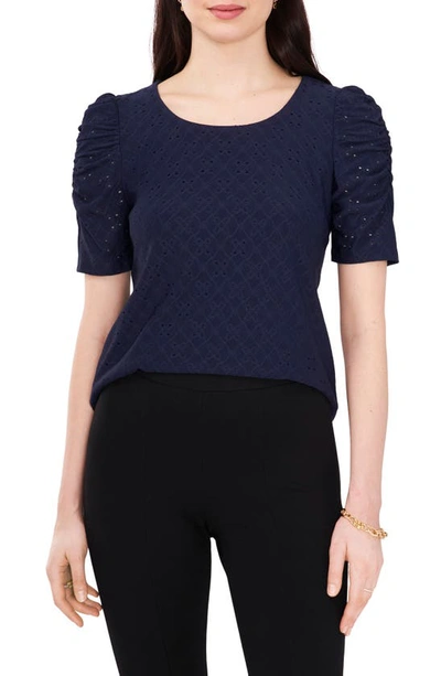 Chaus Eyelet Ruched Sleeve Top In Navy