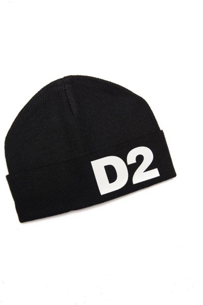 Dsquared2 Kids' Rubberized Logo Wool Blend Beanie Hat In Black