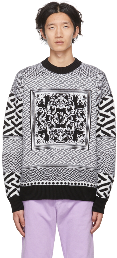 Versace Greca & Barocco Wool Blend Knit Sweater In Black