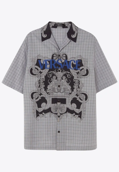 Versace Silver Baroque Checked Logo Shirt, Male, Print, 56 In Monochrome