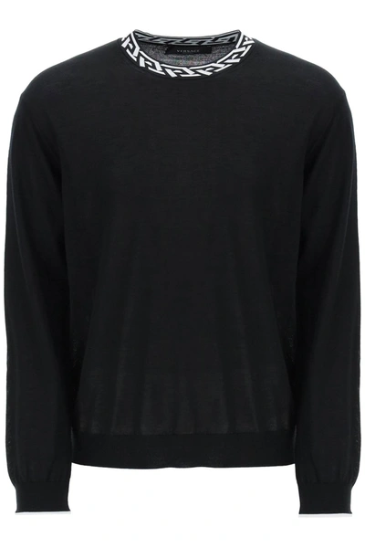 Versace Light Wool Sweater With La Greca Collar In Black