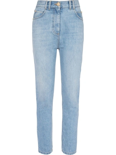 Balmain High Rise Slim Cotton Denim Jeans In Blue