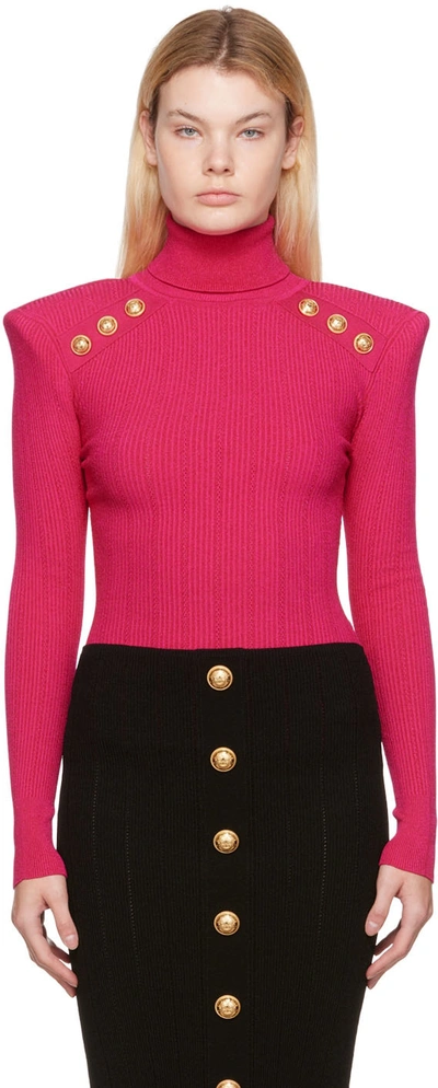 Balmain Logo Button Ribbed Turtleneck Sweater In Fuchsia