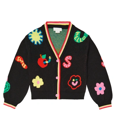 Stella Mccartney Kids Black Wool And Cotton Cardigan With Multicolor Inlays