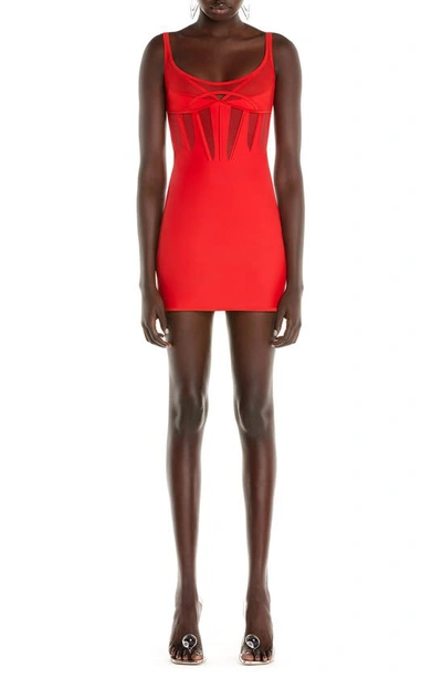 Mugler Techno Jersey Corset Mesh Mini Dress In Rosso