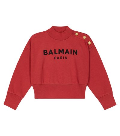 Balmain Kids' Logo Print Cotton Sweatshirt In Red