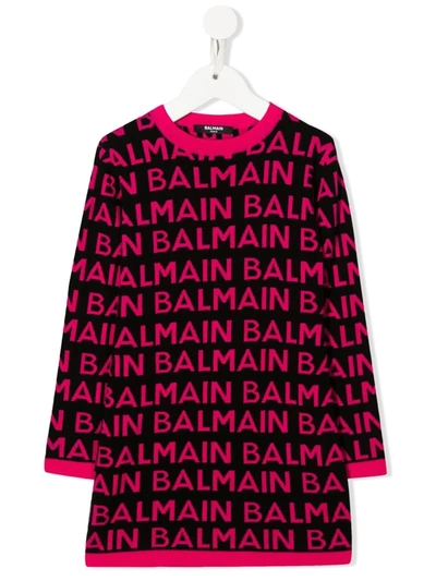 Balmain Girl's Contrast Logo-print Knit Dress In Black