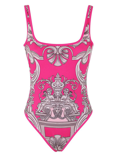 Versace 巴洛克印花平纹针织连体泳衣 In Pink