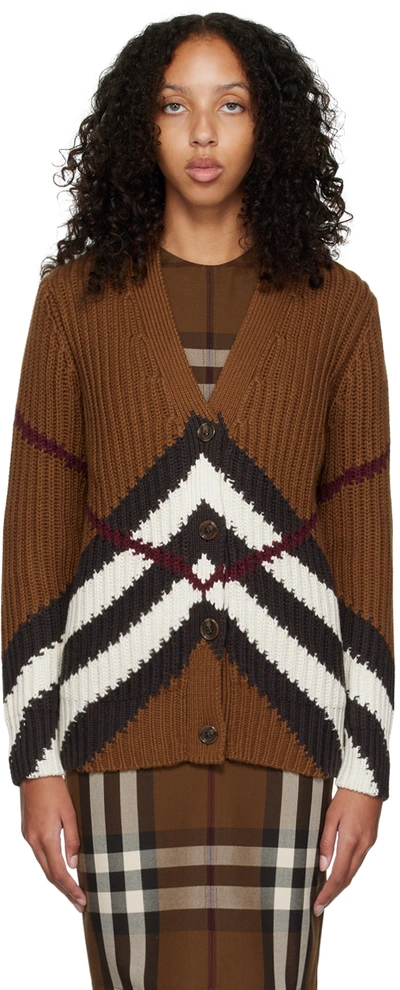 Burberry Striped Ribbed Cashmere And Cotton-blend Cardigan In Dark Birch Brown