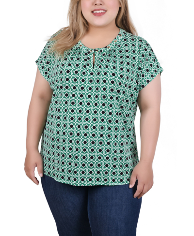 Ny Collection Plus Size Flutter Sleeve Top With Criss Cross Strips In Green Alcalacirc