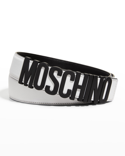 Moschino Men's Leather Logo Belt In White Multi