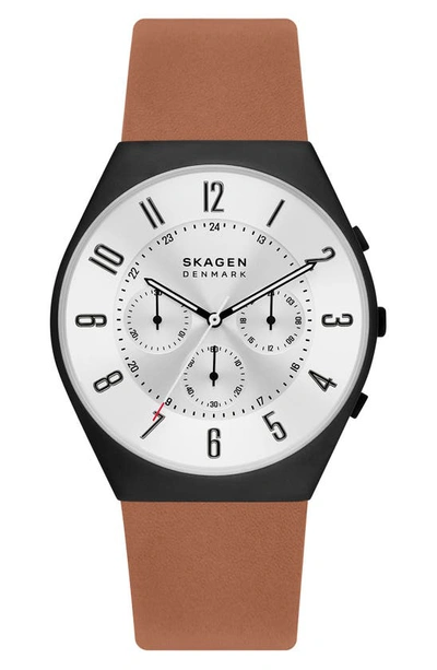 Skagen Men's Grenen Chronograph In Brown Leather Strap Watch, 42mm In White/brown