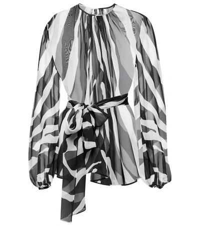 Dolce & Gabbana Belted Gathered Zebra-print Chiffon Blouse In White/black