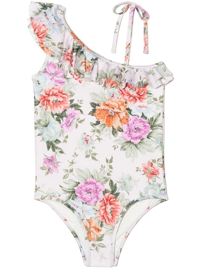 Zimmermann Kids' Floral-print One-shoulder Ruffled Swimsuit In Neutrals