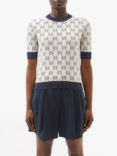 Gucci Gg-jacquard Short-sleeved Cotton-blend Sweater In Ivory/blue |  ModeSens