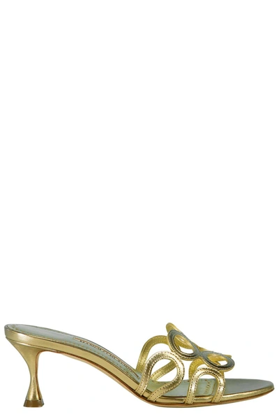 Manolo Blahnik Barimu Metallic Ring-cut Mule Sandals In Gold