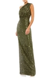 Mac Duggal Sequin One-shoulder Column Gown In Olive