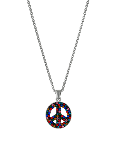 Macy's Women's Rainbow Color Crystal Peace Sign Pendant Necklace In Fine Silver Plated Brass