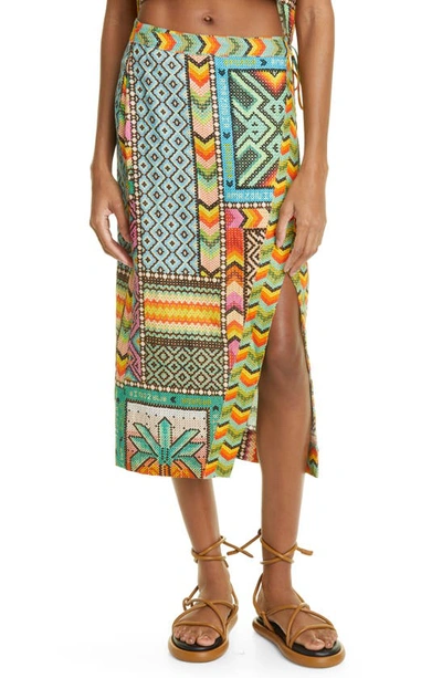 Farm Rio Mix Scarf Print Linen Wrap Skirt In Blue