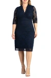 Kiyonna Scalloped Boudoir Lace Sheath Dress In Indigo Blue