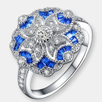 Genevive Sterling Silver Sapphire Cubic Zirconia Floral Cocktail Ring In Blue