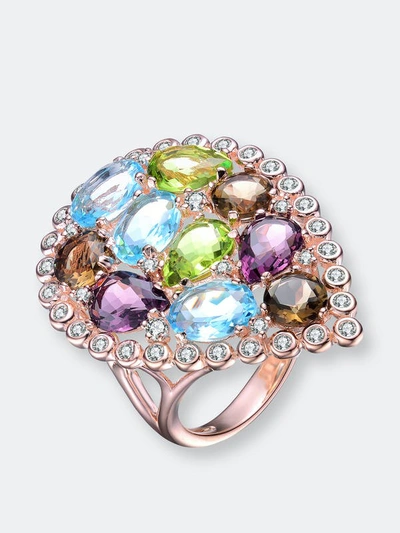Genevive Sterling Silver Rose Gold Plated Multi Colored Cubic Zirconia Cocktail Ring