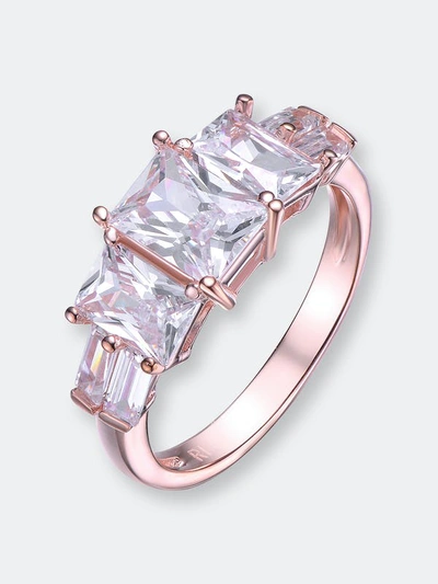 Genevive Sterling Silver Rose Gold Plated Cubic Zirconia Three Stone Engagement Ring In Pink