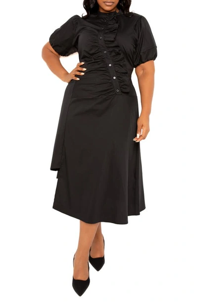 Buxom Couture Asymmetric Ruffle Cotton Blend Shirtdress In Black