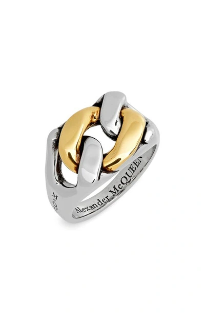 Alexander Mcqueen Curb-chain Two-tone Ring In Antique Silver